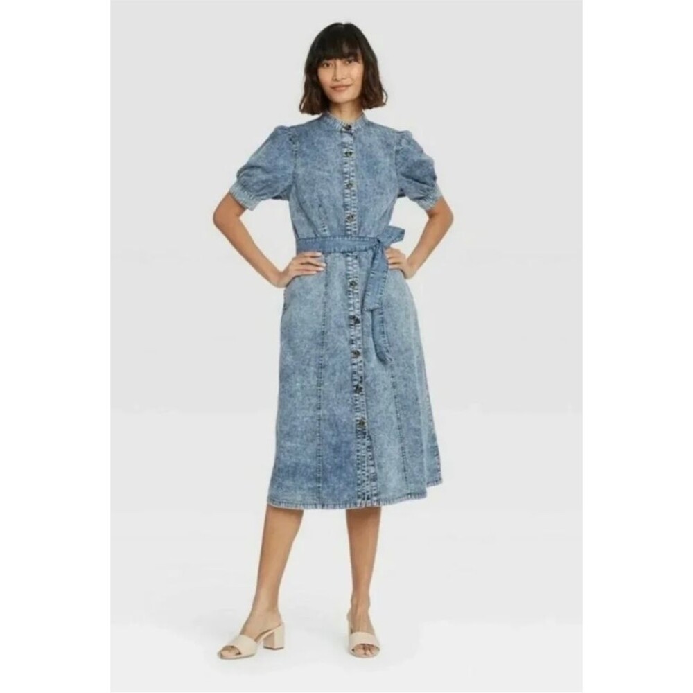 Who What Wear TARGET Acid Wash Denim Button Midi Shirt Dress Pockets XS NEW TAGS